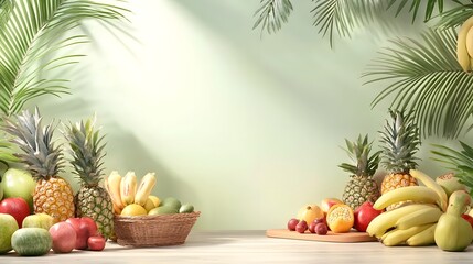 Assorted fresh fruits arranged on a light wooden surface.