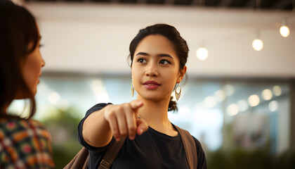 Simple portrait of a young Latina saying a gossip, pointing to side reporting something, Backlit. White tone