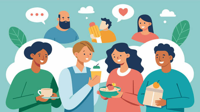 A member shares his experiences with using food as a coping mechanism for trauma while others offer support and share their own similar experiences.. Vector illustration
