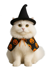 A fluffy white cat dressed in a witch hat and Halloween-themed cape, perfect for celebrating the spooky season. This charming pet adds a whimsical touch to festive decorations.