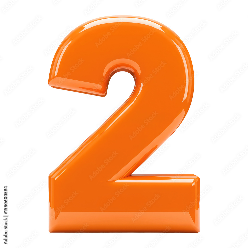 Fototapete A 3D Shiny Orange Number or Digit Two, Glossy Render of the Number 2, 3D Font for Educational Use. Cut Out, Clipping Path Isolated on Transparent Background.
