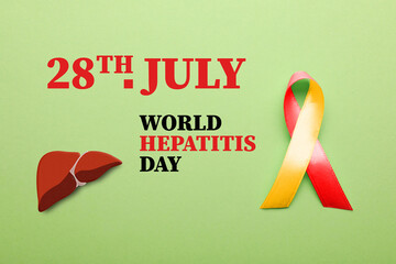 28th july World Hepatitis Day. Yellow-red awareness ribbon and illustration of liver on light green...