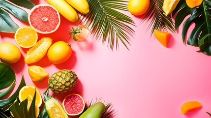 Colorful tropical fruit arrangement on a pink background.