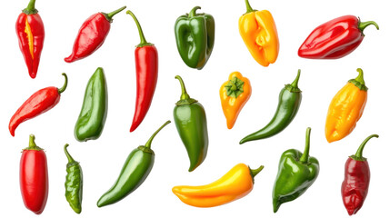 Chili Peppers - A vibrant display of various chili pepper types on transparent background

