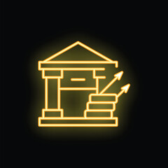 Yellow neon sign of a bank building with increasing arrows showing profit growth on a black background