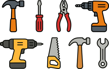 Hand tools icon set. Hammer, screwdriver, drill, wrench, saw. Flat vector illustration