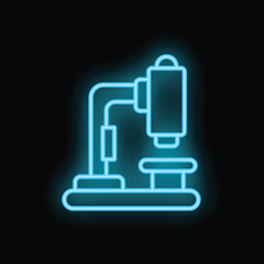 Neon icon of a microscope glowing blue on a black background, perfect for scientific or medical themes