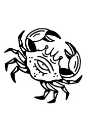 Unique crab illustration, black and white line art with eye detail