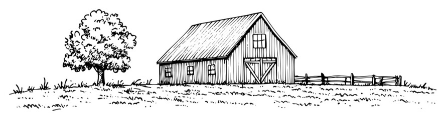 old wooden barn tree and fence countryside scene line art