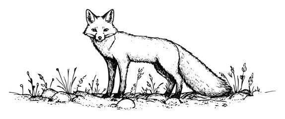 red fox walking in meadow vintage sketch vector