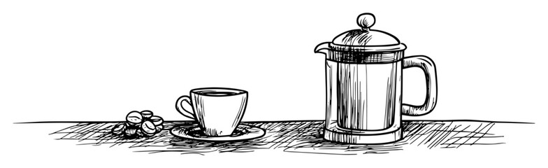 french press coffee maker and cup vintage sketch vector