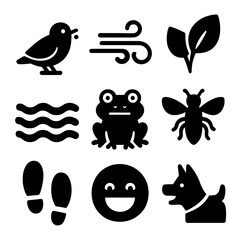 Fototapeta premium Nature Sound Icons. Solid, filled icon set of park nature sounds: bird chirp, wind blowing, leaves rustling, flowing water, frog