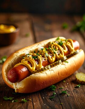 Gourmet hotdog richly topped with a vibrant mustard zigzag, tangy pickles, fresh diced onions, and sprinkled herbs, meticulously presented on rustic craft paper against a moody wooden background