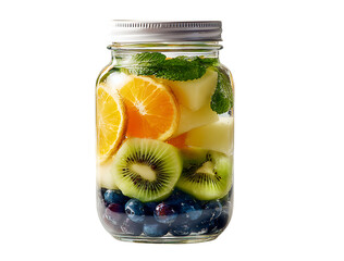 A mason jar filled with layers of fruit, including blueberries and kiwi on the bottom, orange slices next to them, and melon and mint leaves nestled between. The glass container is topped.