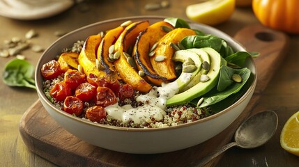 A bowl with quinoa, salad leaves, avocado slices, roasted pumpkin and tomatoes on a wooden board