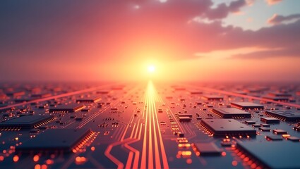 Circuit board with glowing red lines leading to a bright sunset horizon