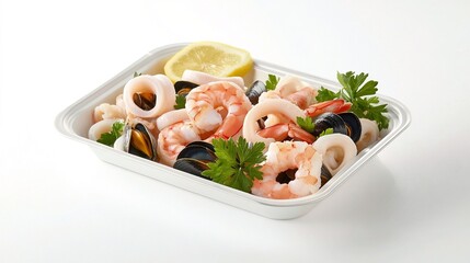 shrimp, mussels, squid rings, lemon and herbs on a white plate with white background 