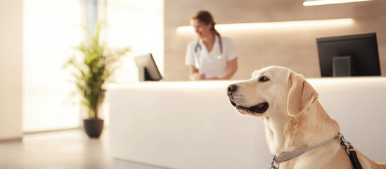 Golden labrador resting on clinic floor, veterinary professional working at reception, providing professional pet healthcare services