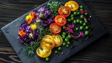 colorful plate of fresh vegetables and edible flowers arranged artfully on a slate board