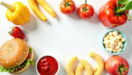 Various junk food items arranged aesthetically on white background, fried, calories, fries