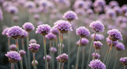 Fototapeta premium Delicate purple flowers bloom in soft sunlight creating a dreamy natural landscape