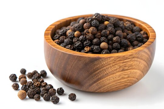 black pepper in a wooden bowl isolated on white