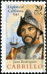 USA - 1992: shows Juan Rodriguez Cabrillo (1497-1543), Ship, Map of San Diego Bay Area, Explorer of California 1542, 1992