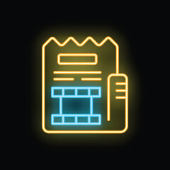 Obraz premium Glowing neon line icon of a movie ticket, pass, or document for entry