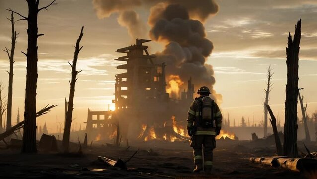 Bombero caminando por  campo de árboles  y departamentos quemados 