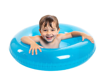 A Laughing Child Enjoying a Blue Inflatable Pool Float