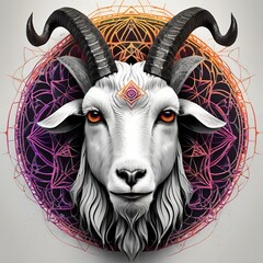 Mystical portrait of a goat spirit animal against a sacred geometry mandala.