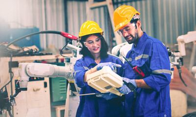 Engineers mechanic using computer controller Robotic arm for welding steel in steel factory...