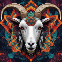 Mystical portrait of a goat spirit animal against a sacred geometry mandala.