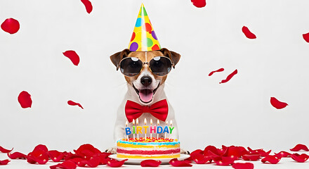 Adorable Jack Russell dog celebrates birthday with a party hat, cake, bow tie and falling rose petals on a light background.