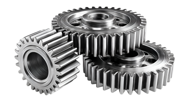 Three metallic gears interlocking on black background