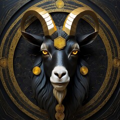 Mystical portrait of a goat spirit animal against a sacred geometry mandala.