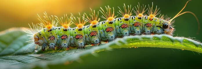 Fototapeta premium A vibrant and colorful caterpillar resting on a green leaf, showcasing its unique textures and patterns in nature.