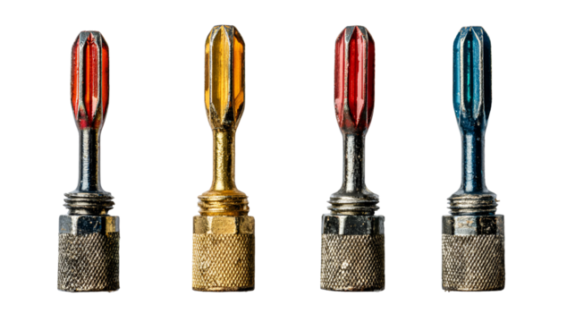 Colorful vintage screwdriver bits isolated on black background