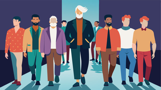 A runway show showcasing diverse male models of different ages taking strides towards inclusivity and breaking age barriers in the fashion world.. Vector illustration