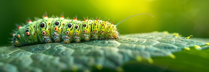 Fototapeta premium A vibrant caterpillar resting on a lush green leaf under soft sunlight, showcasing nature's beauty and transformation.