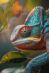 Obraz premium A vibrant chameleon displaying brilliant colors perched on foliage, showcasing nature's artistry and biodiversity.