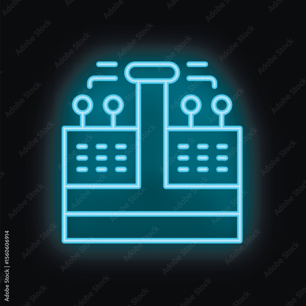 Poster neon server icon glowing on dark background representing data storage and processing