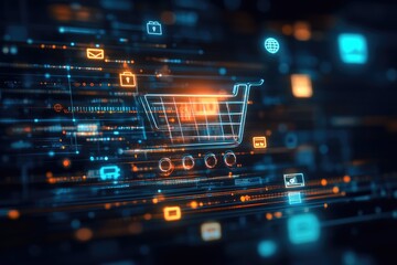 Digital shopping cart graphic, data stream