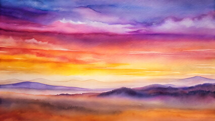 Watercolor Vista of Mountain Range at Colorful Sunrise Hues in Shades of Purple, Orange, and Yellow Over Foggy Valleys