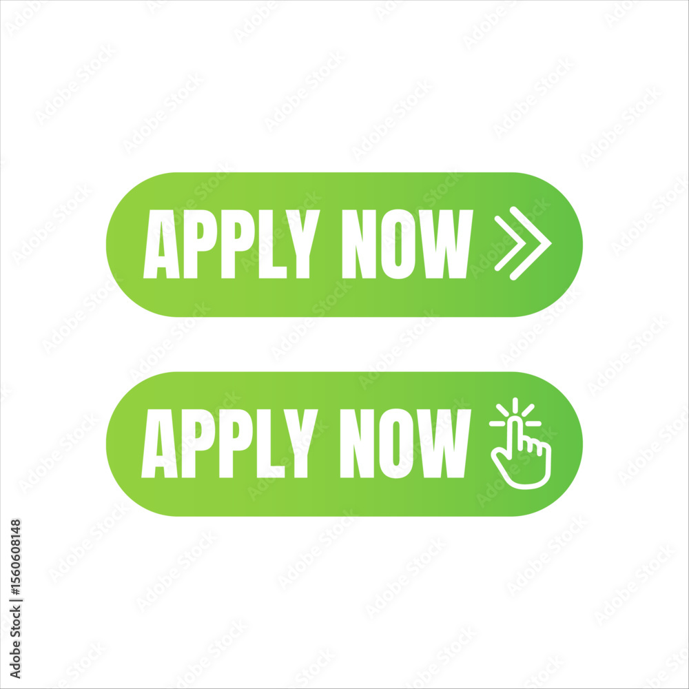 Poster two green gradient buttons with white text reading apply now one with a double arrow and the other w