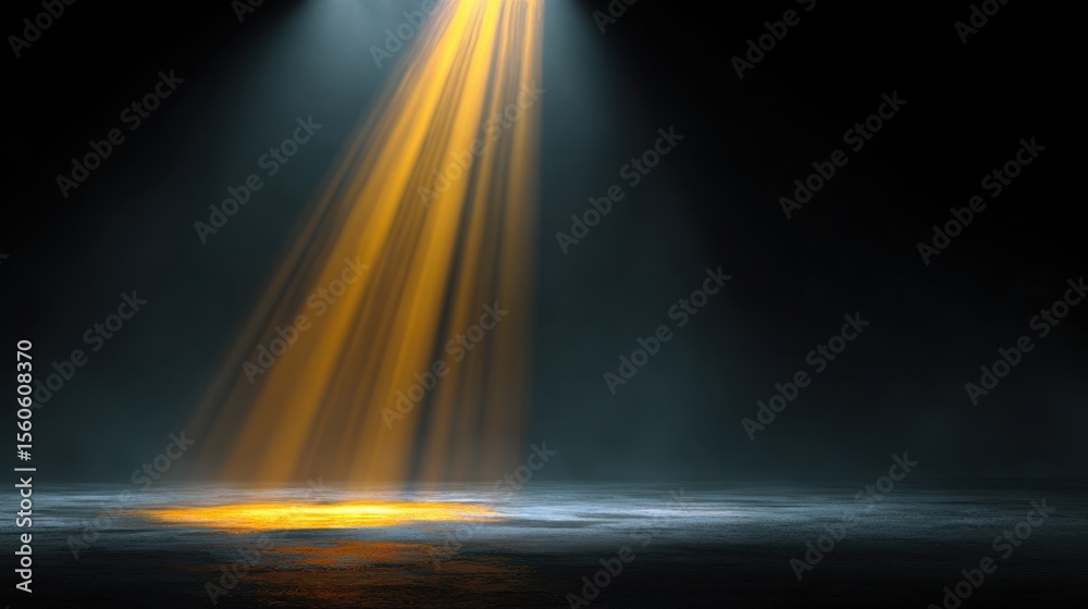 Poster radiant light beams penetrate the darkness and illuminate a misty surface below, creating a dramatic