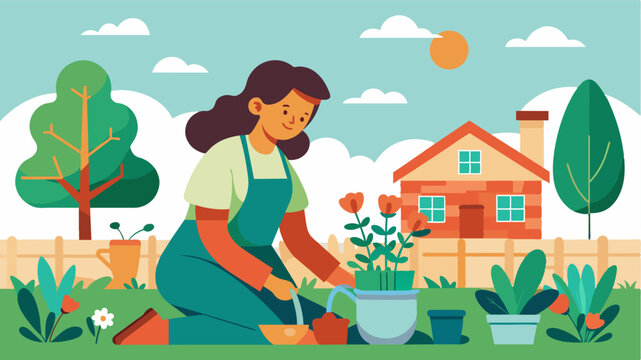 A woman gardening in her backyard appreciating the physical activity and stressrelieving benefits of tending to her plants.. Vector illustration