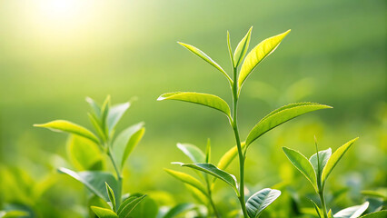 Lush Green Tea Leaves Bathed in Morning Sunlight A Serene and Invigorating Botanical Composition of Nature's Freshness