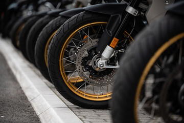 Motorcycles wheels with gold rims parked in a row