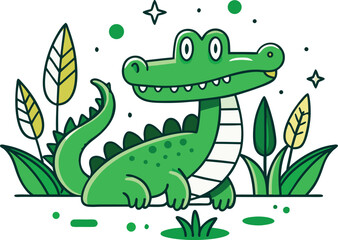 Fototapeta premium Happy green alligator with leaves and stars reptile
